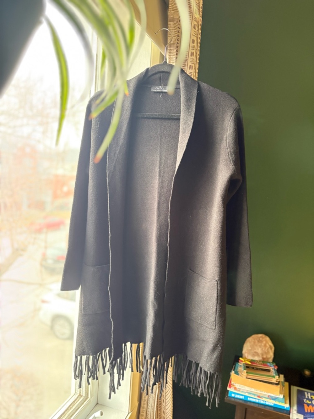 Guilty Black Fringe Cardigan Size M | Open Front Shawl Collar Boho Chic Layer